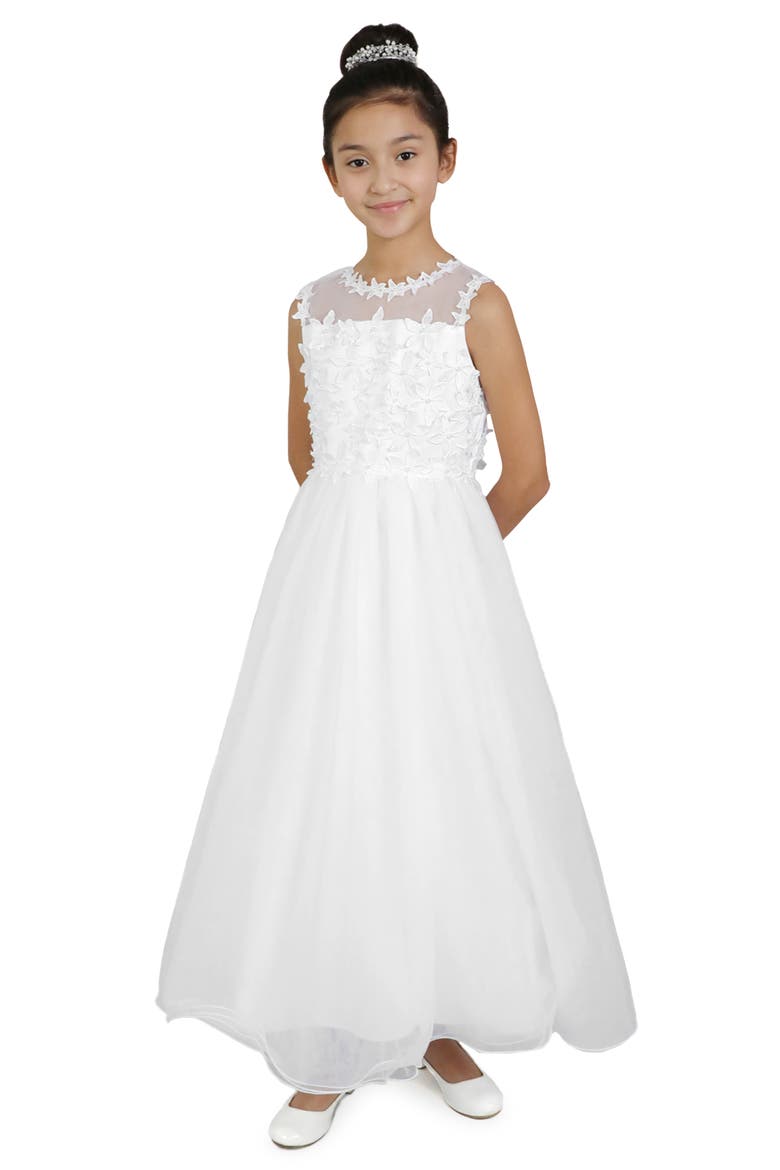 Kids' 3D Floral Fit & Flare Communion Dress, Main, color, WHITE
