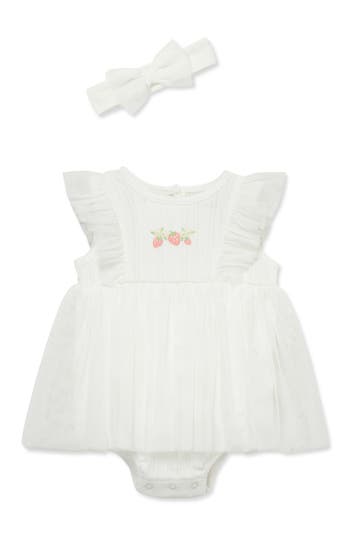 Little Me Strawberry Popover Dress & Headband Set In Ivory