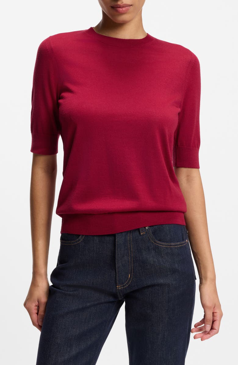 BOSS Farbella Short Sleeve Virgin Wool Sweater, Main, color, Deep Ruby