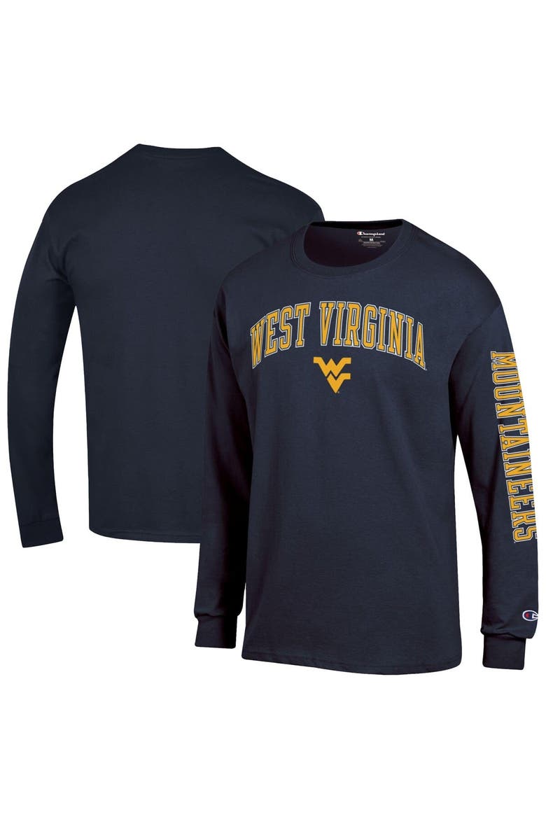 Men's Champion  Navy West Virginia Mountaineers Arch Over Logo 2-Hit Long Sleeve T-Shirt, Main, color, Navy