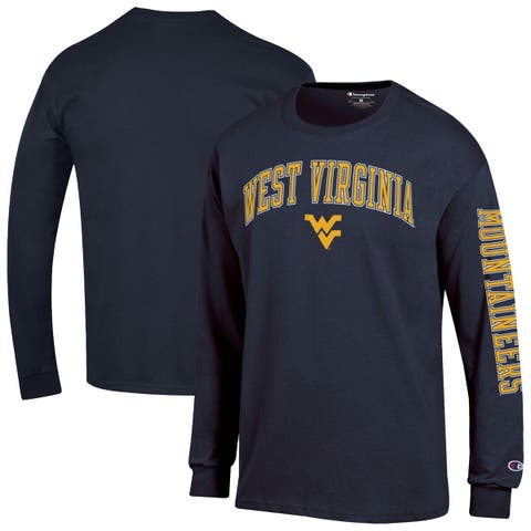 Men's Champion  Navy West Virginia Mountaineers Arch Over Logo 2-Hit Long Sleeve T-Shirt