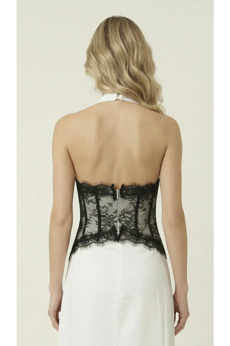 Halter Lace Corset Maxi Dress, Alternate, color, Off-White / Black