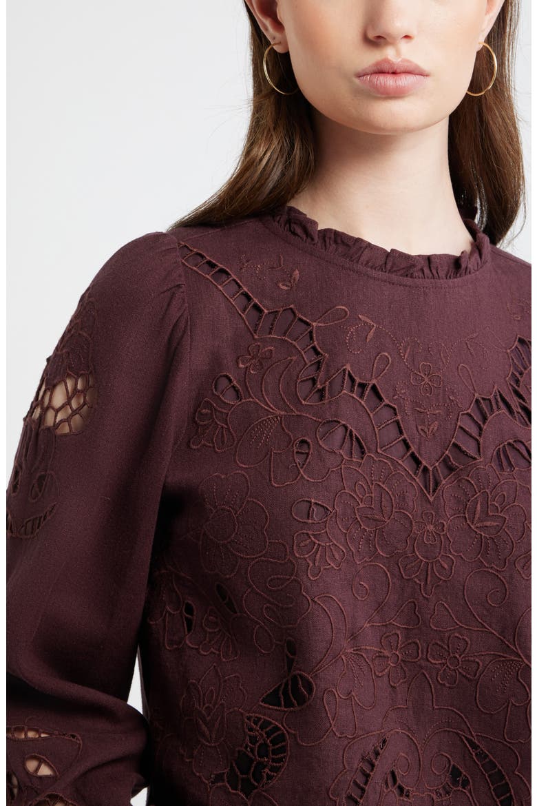 Open Floral Cutwork Linen Blend Top, Alternate, color, BURGUNDY FUDGE