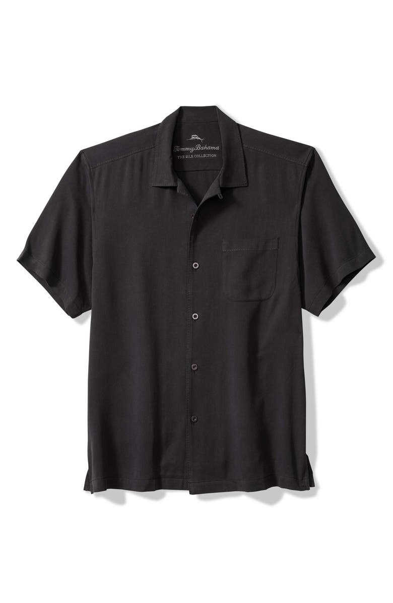 Tommy Bahama Harbor Luxe Silk Camp Shirt, Main, color, Black