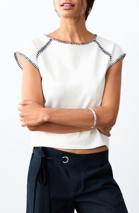 Topstitch Raglan Sleeve Cotton Top