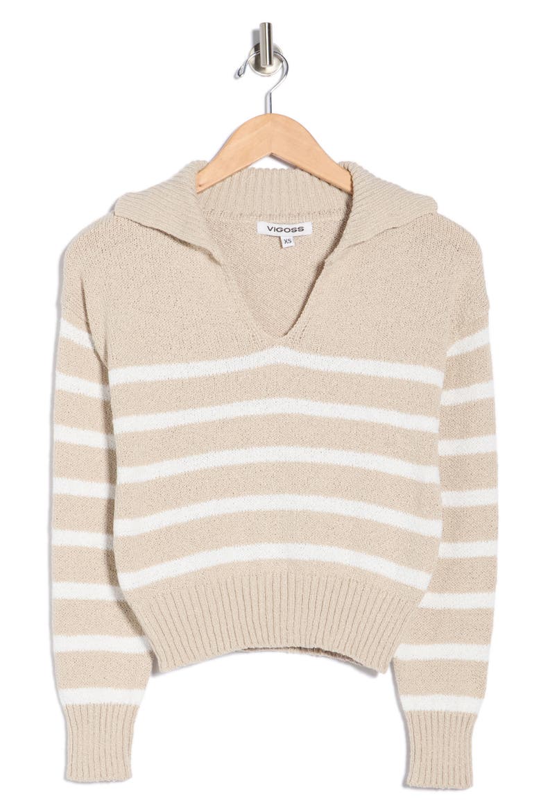 V-Neck Striped Sweater, Alternate, color, OATMEAL/ WHITE