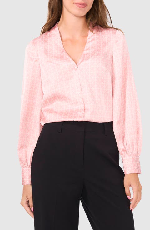 Collarless Satin Button-Up Shirt