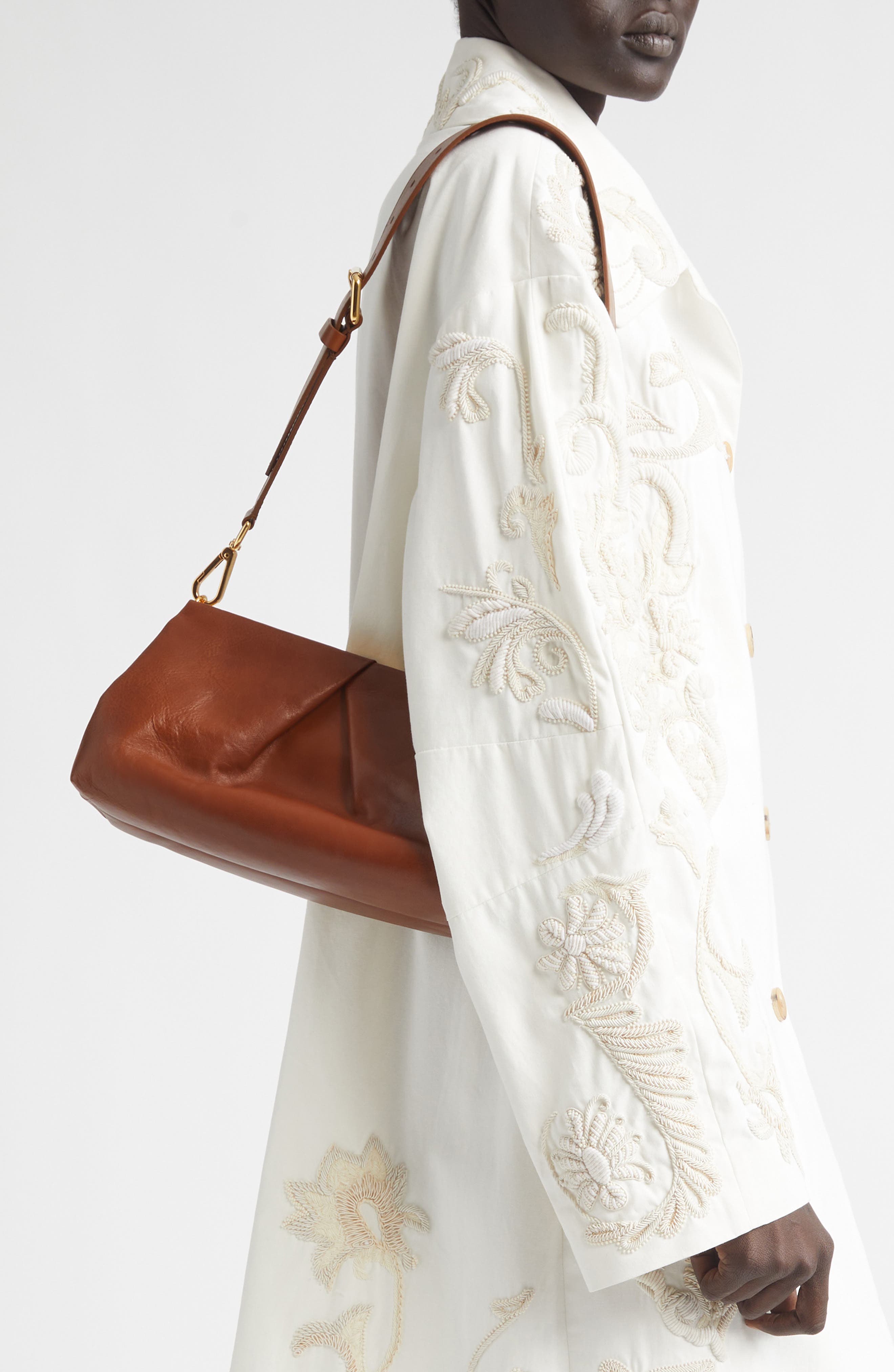 Dries Van Noten Pleated Leather Clutch, Alternate, color, Tan 712