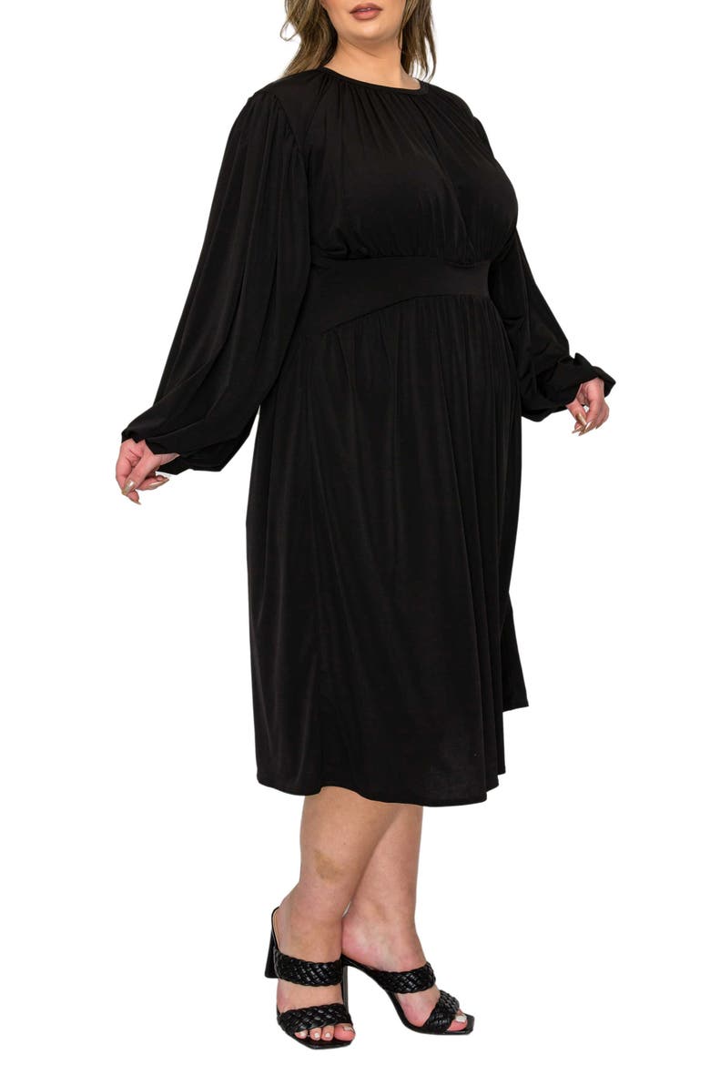 Audrey Gathered Long Sleeve Midi Dress, Alternate, color, BLACK