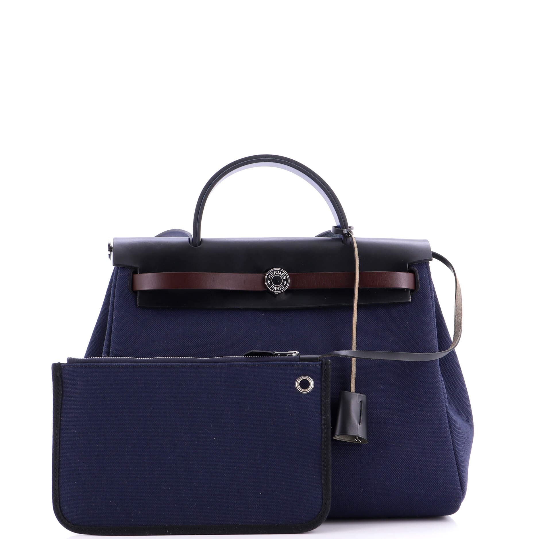 Pre-Owned Hermes Herbag Zip Leather and Toile 31, Alternate, color, Bleu Nuit