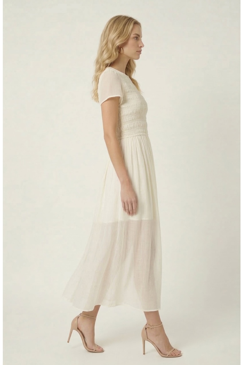 Sheer Overlay Midi Dress with Smocked Bodice, Alternate, color, Cream