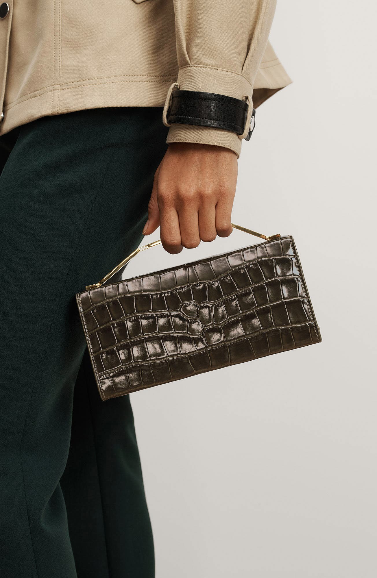 Veronica Beard Barre Croc Embossed Leather Clutch, Alternate, color, Cypress