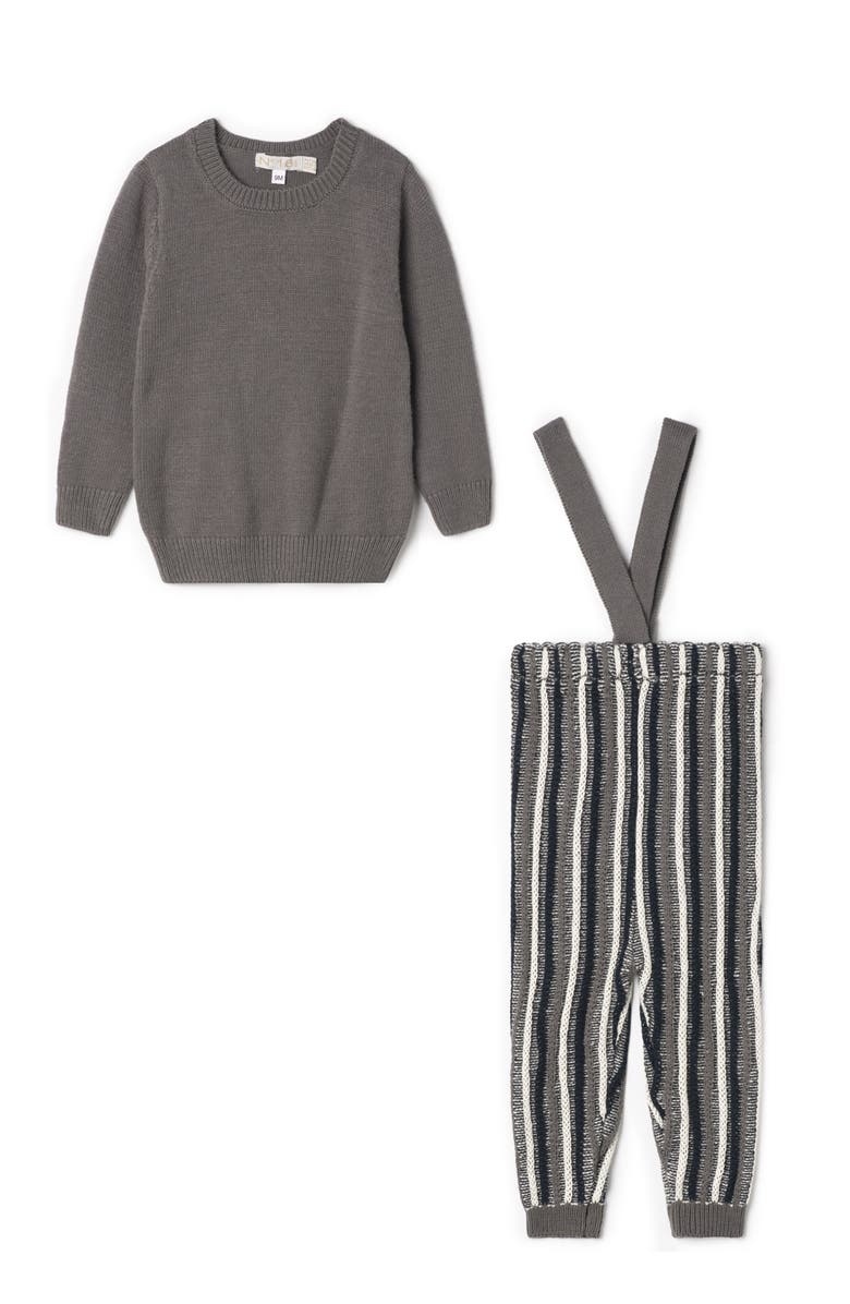 No18 Kids Striped Overall Long Sleeve Knit Ribbed Strap Sweater and Overall Set, Main, color, Grey