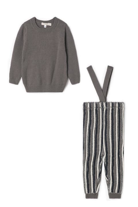 Striped Overall Long Sleeve Knit Ribbed Strap Sweater and Overall Set (Baby)