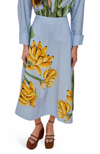 FARM Rio Blue Banana Cocina Stripe Cotton Midi Skirt