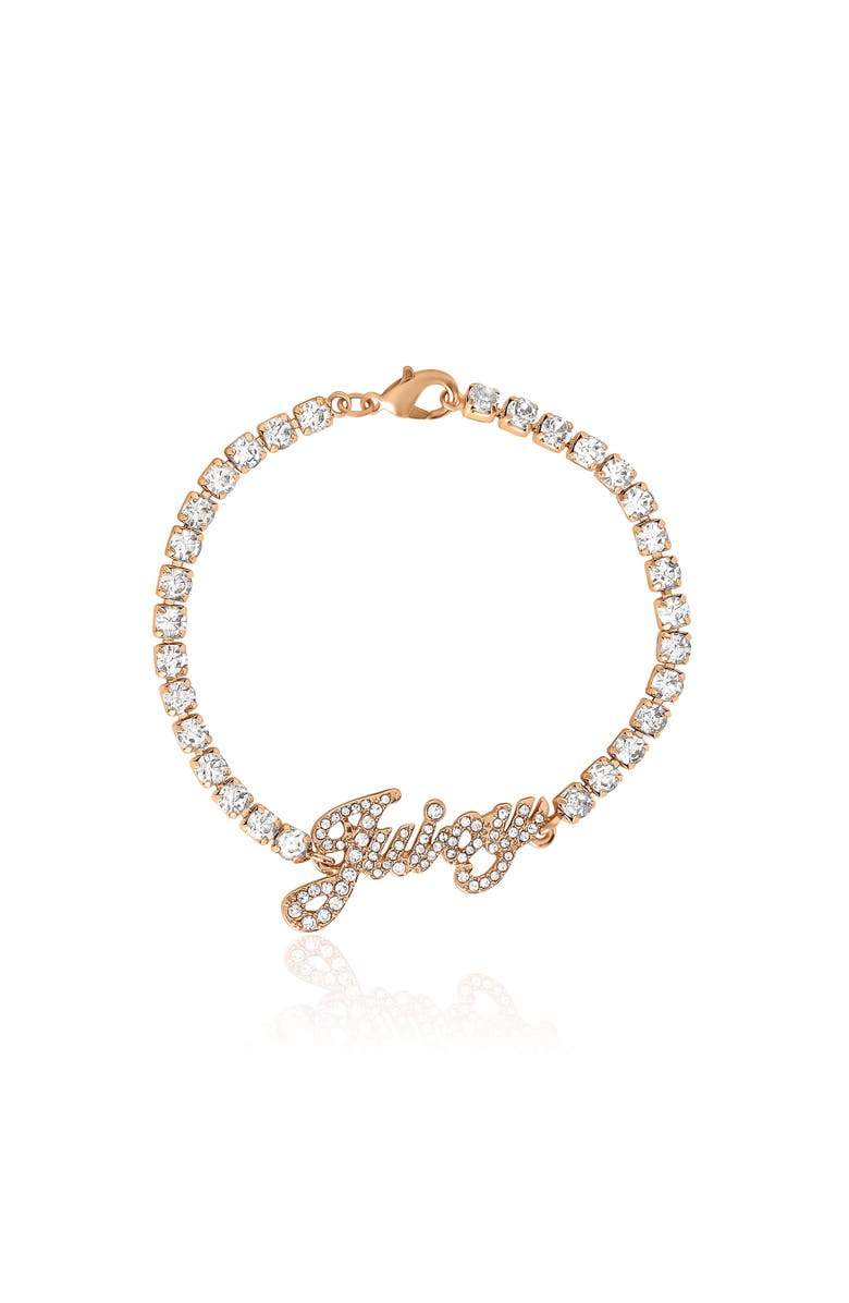 Juicy Couture Crystal Tennis Bracelet with Signature Script Logo Charm, Main, color, Gold