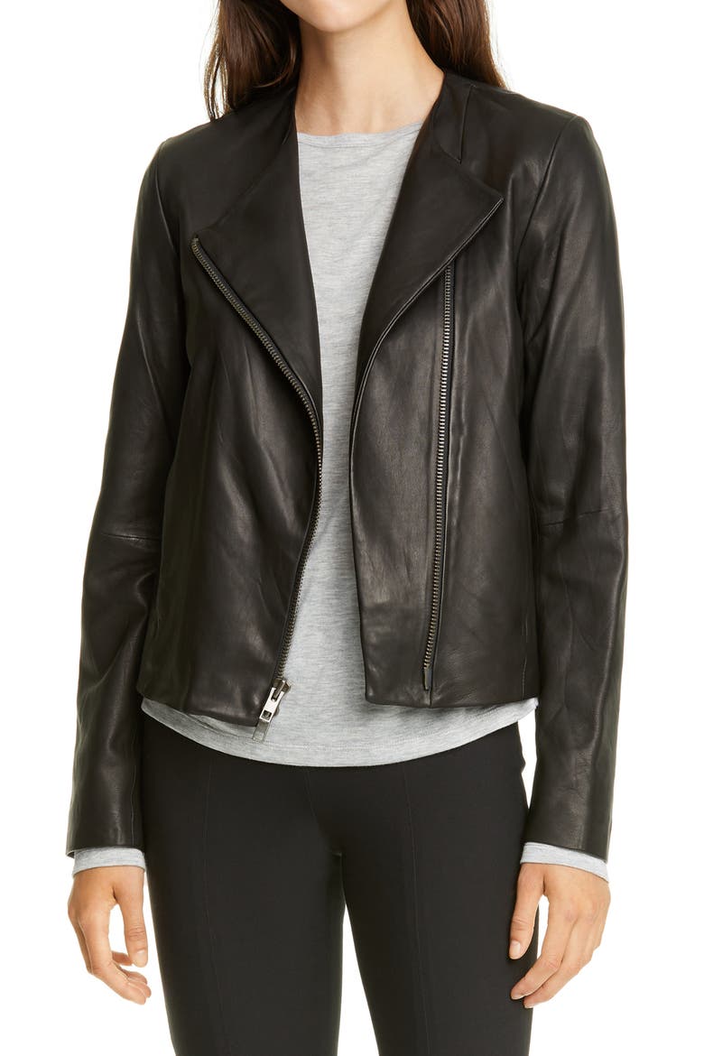 Zip Cross Front Leather Jacket, Main, color, BLACK