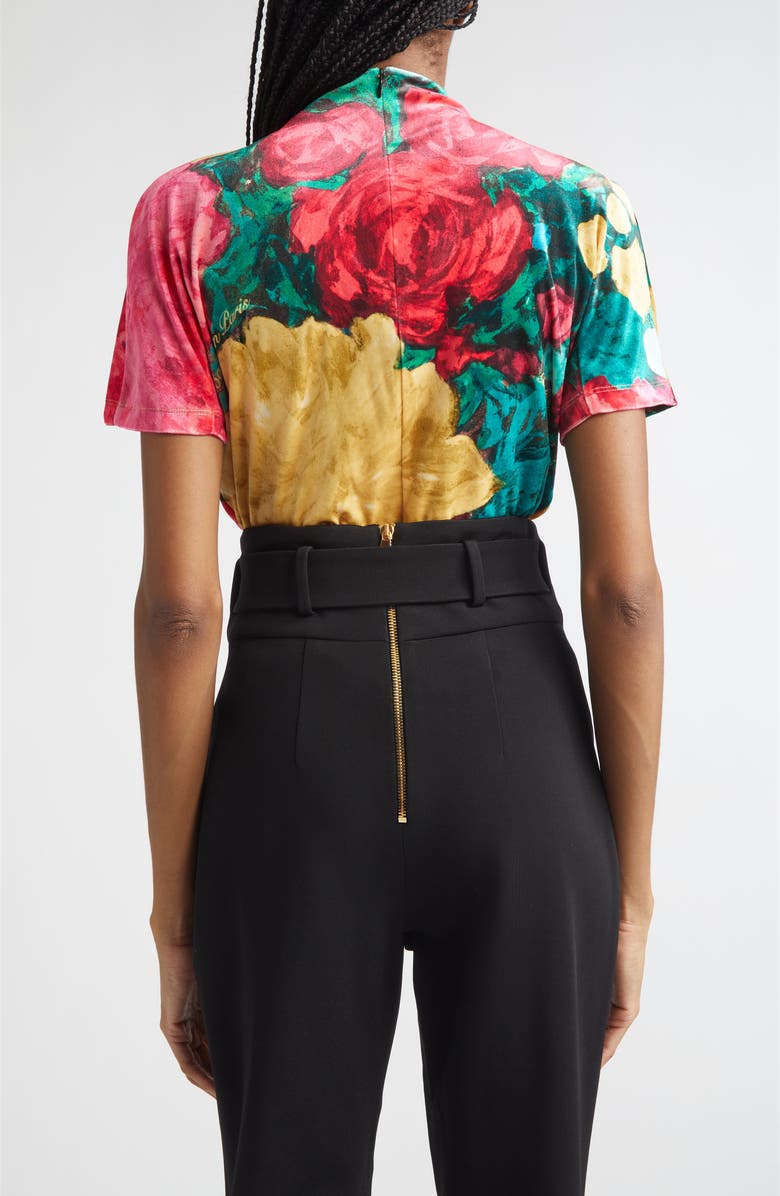 Balmain 4-Button Roses Print Stretch Velvet Top, Alternate, color, Ulj Green/ Multi