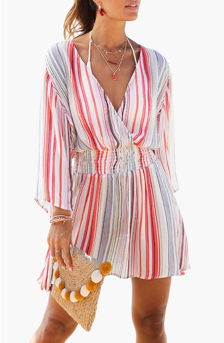 LASCANA Striped V-Neck Cover-Up Dress, Main, color, 