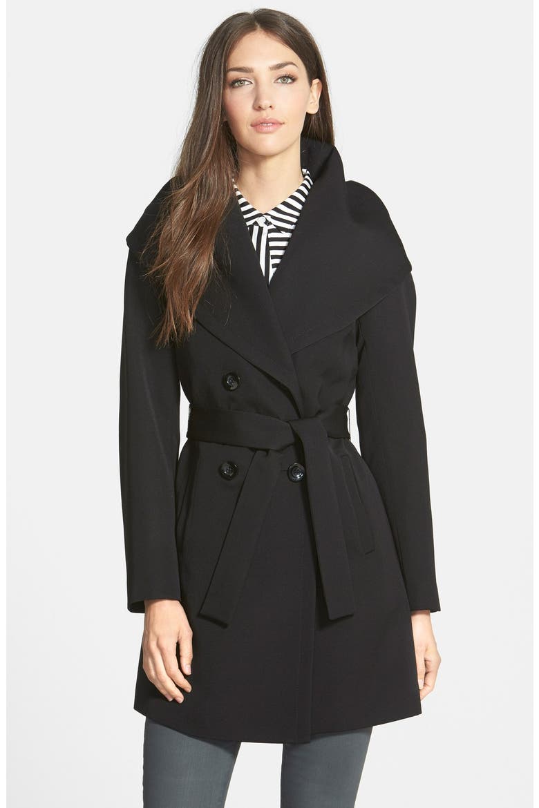 'Shelly Ali' Hooded Wool Gabardine Wrap Coat, Main, color, BLACK