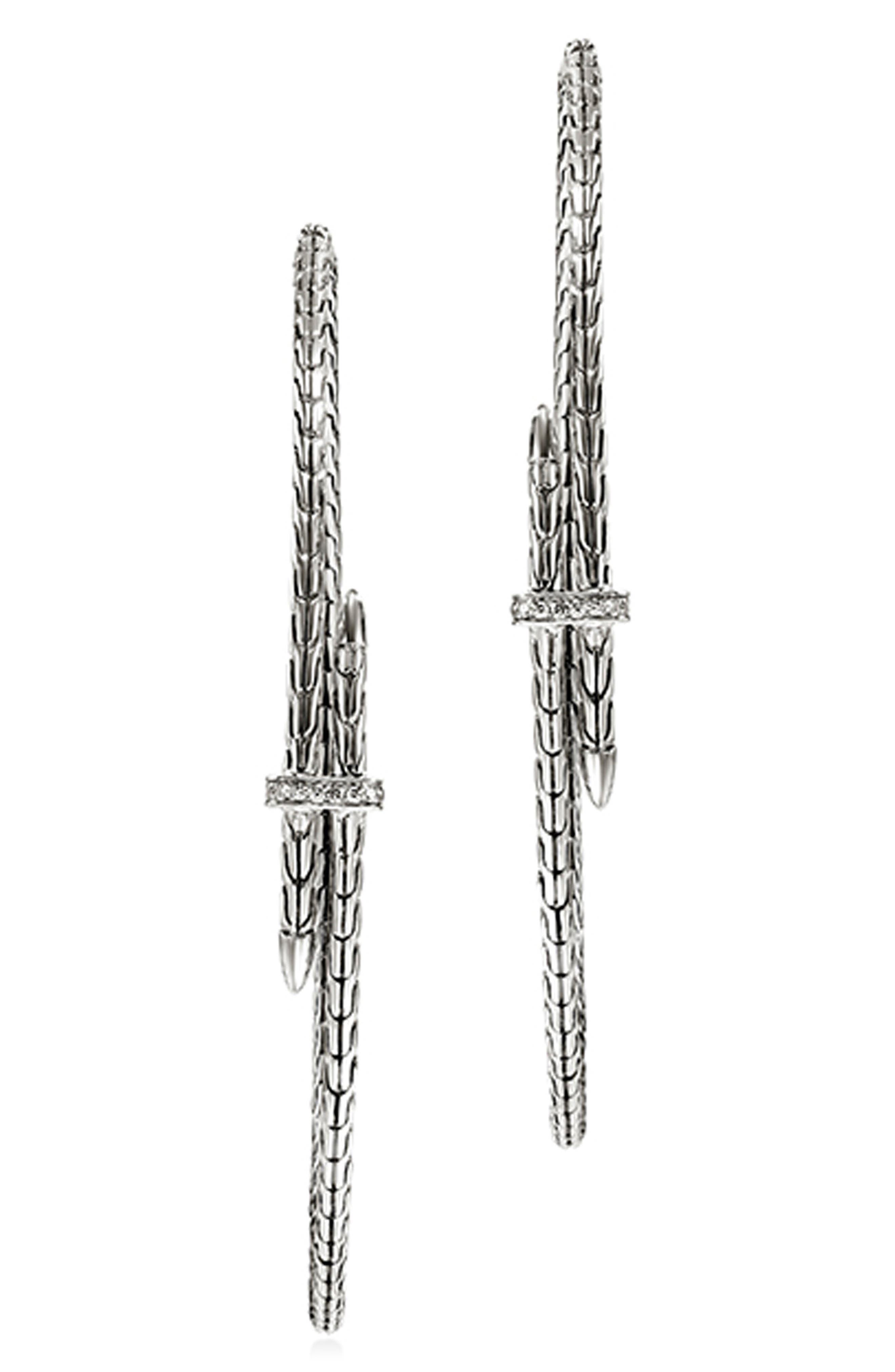 John Hardy Spear Hoop Earrings, Silver, Diamonds, 77mm