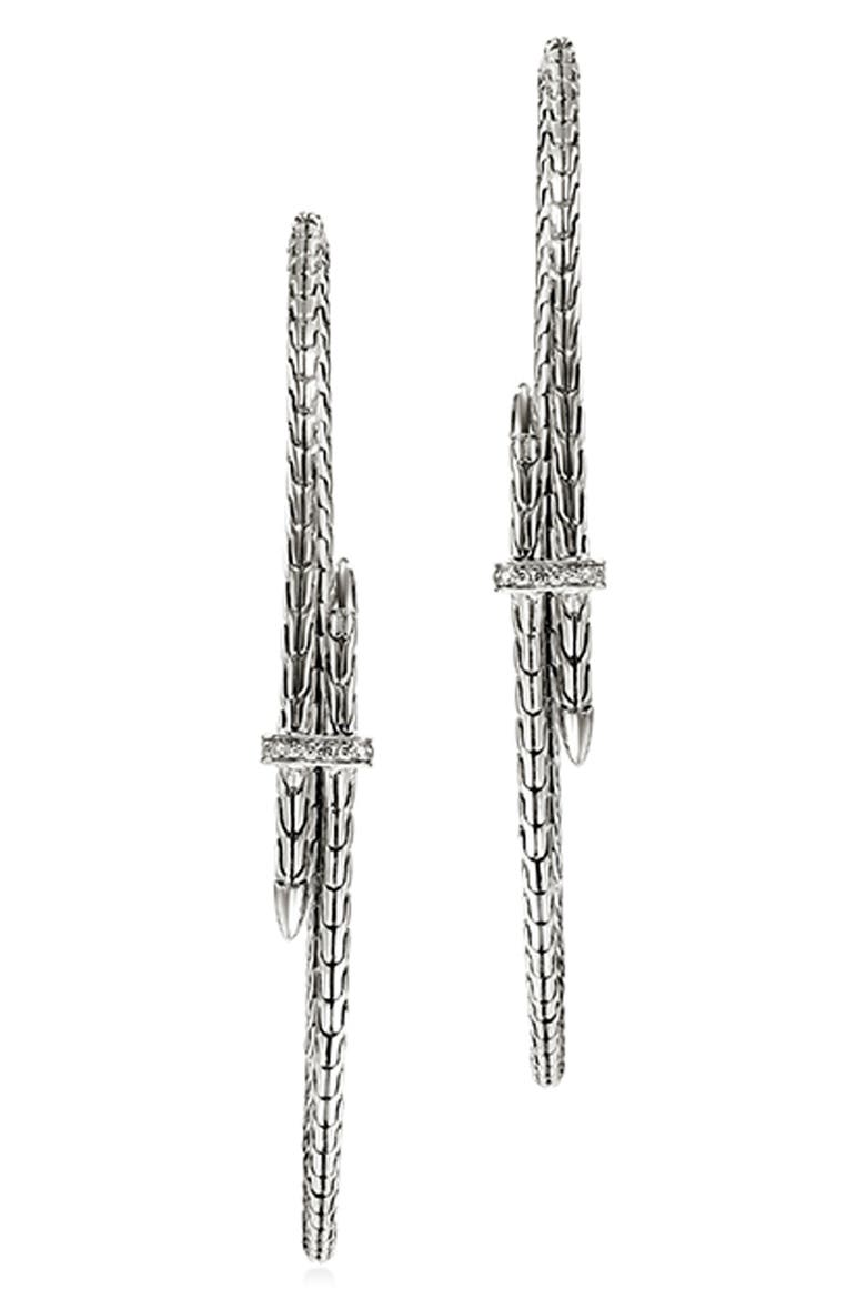 Spear Hoop Earrings, Silver, Diamonds, 77mm, Main, color, SILVER