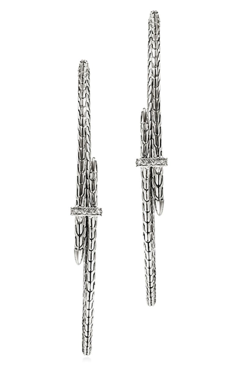John Hardy Spear Hoop Earrings, Silver, Diamonds, 77mm, Main, color, 