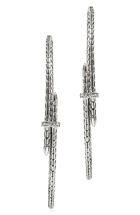 Spear Hoop Earrings, Silver, Diamonds, 77mm