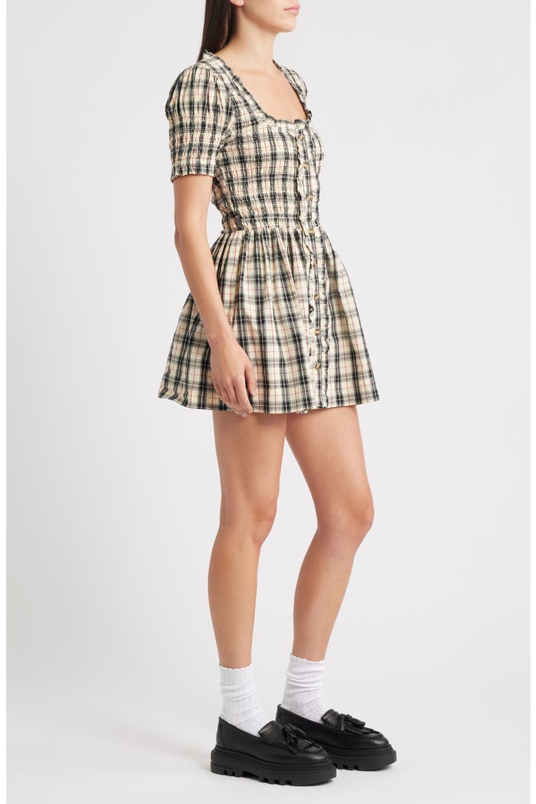 Mansi Check Organic Cotton Minidress, Alternate, color, BUTTER