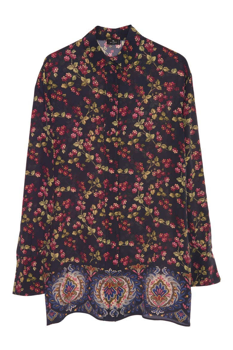 Berry Print Long Sleeve Silk Button-Up Tunic, Alternate, color, 0200 - BLU