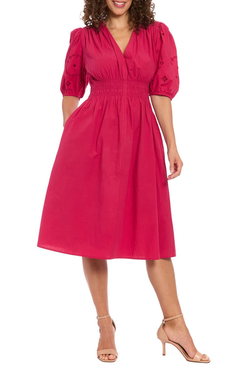 London Times V-Neck Puff Sleeve Fit & Flare Dress, Main, color, Dark Cabernet Wine