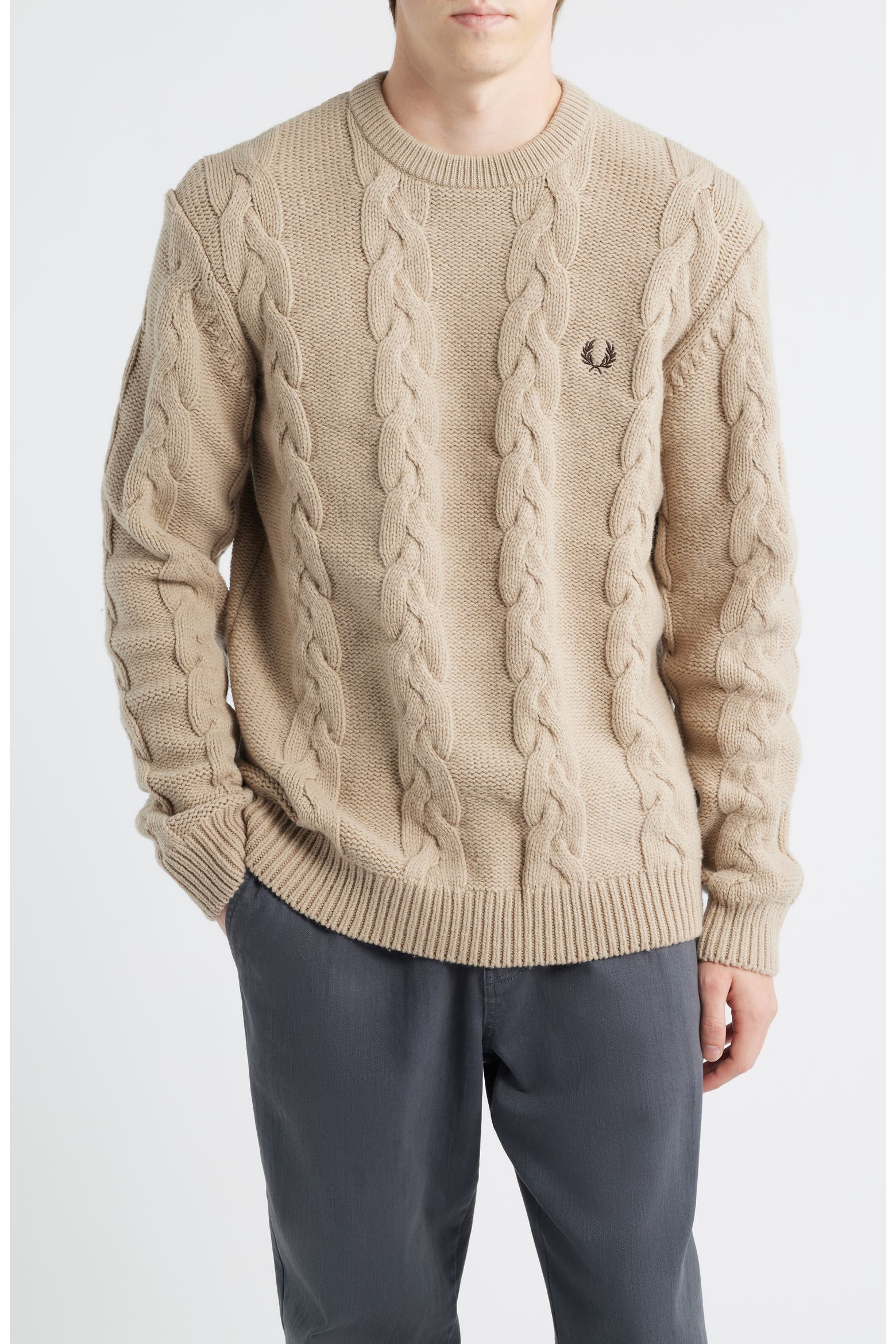 Fred Rope Wire Fred Perry Cable Stitch Wool Blend Crewneck Sweater (Men) | Nordstromrack