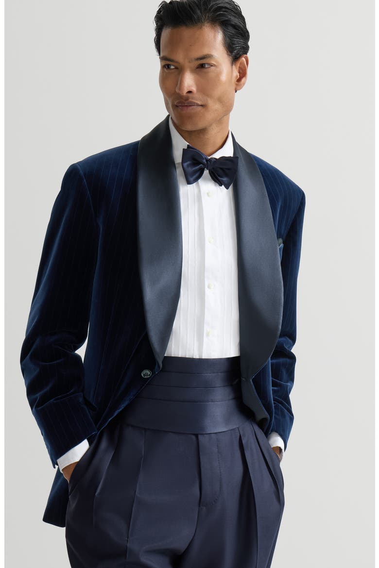 Cotton chalk stripe velvet tuxedo jacket with shawl lapels, Alternate, color, Navy Blue