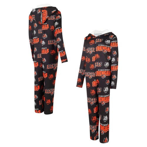 CONCEPTS SPORT CONCEPTS SPORT BLACK CINCINNATI BENGALS ROADWAY ALLOVER PRINT MICROFLEECE FULL-ZIP UNION SUIT