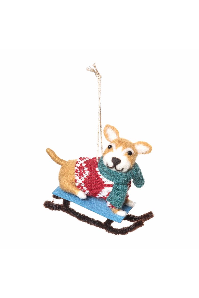 Red Sweater Sleigh Dog Ornament, Main, color, Brown