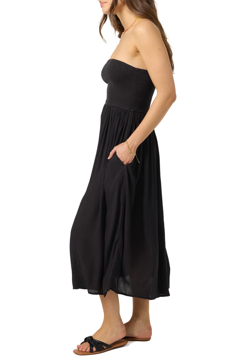Piper Smocked Strapless Midi Dress, Alternate, color, BLACK