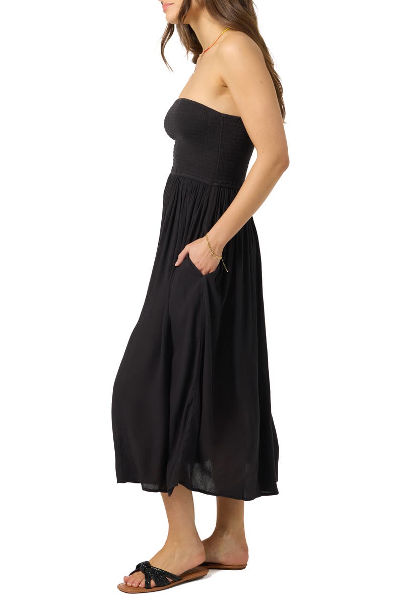 O'Neill Piper Smocked Strapless Midi Dress, Alternate, color, Black
