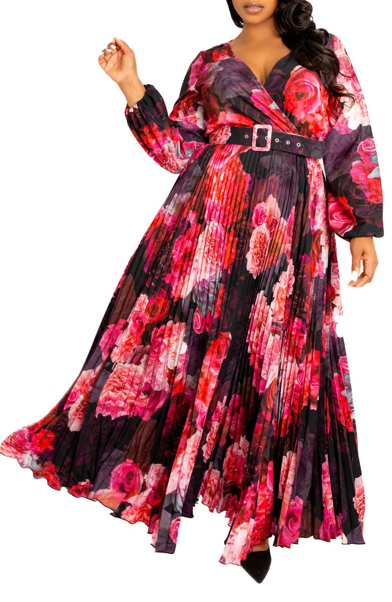 BUXOM COUTURE Floral Long Sleeve Pleated Maxi Dress, Alternate, color, Black Multi