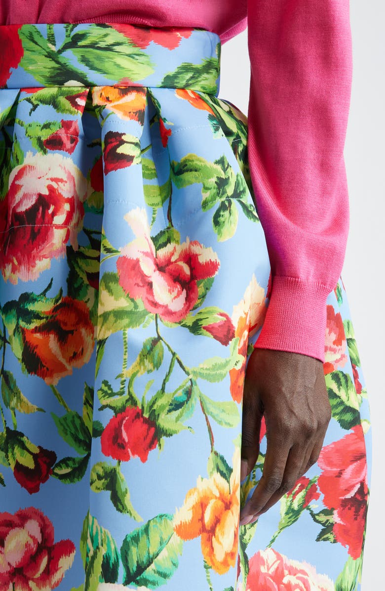 Carolina Herrera Rose Print Faille Skirt, Alternate, color, Lake Blue Multi
