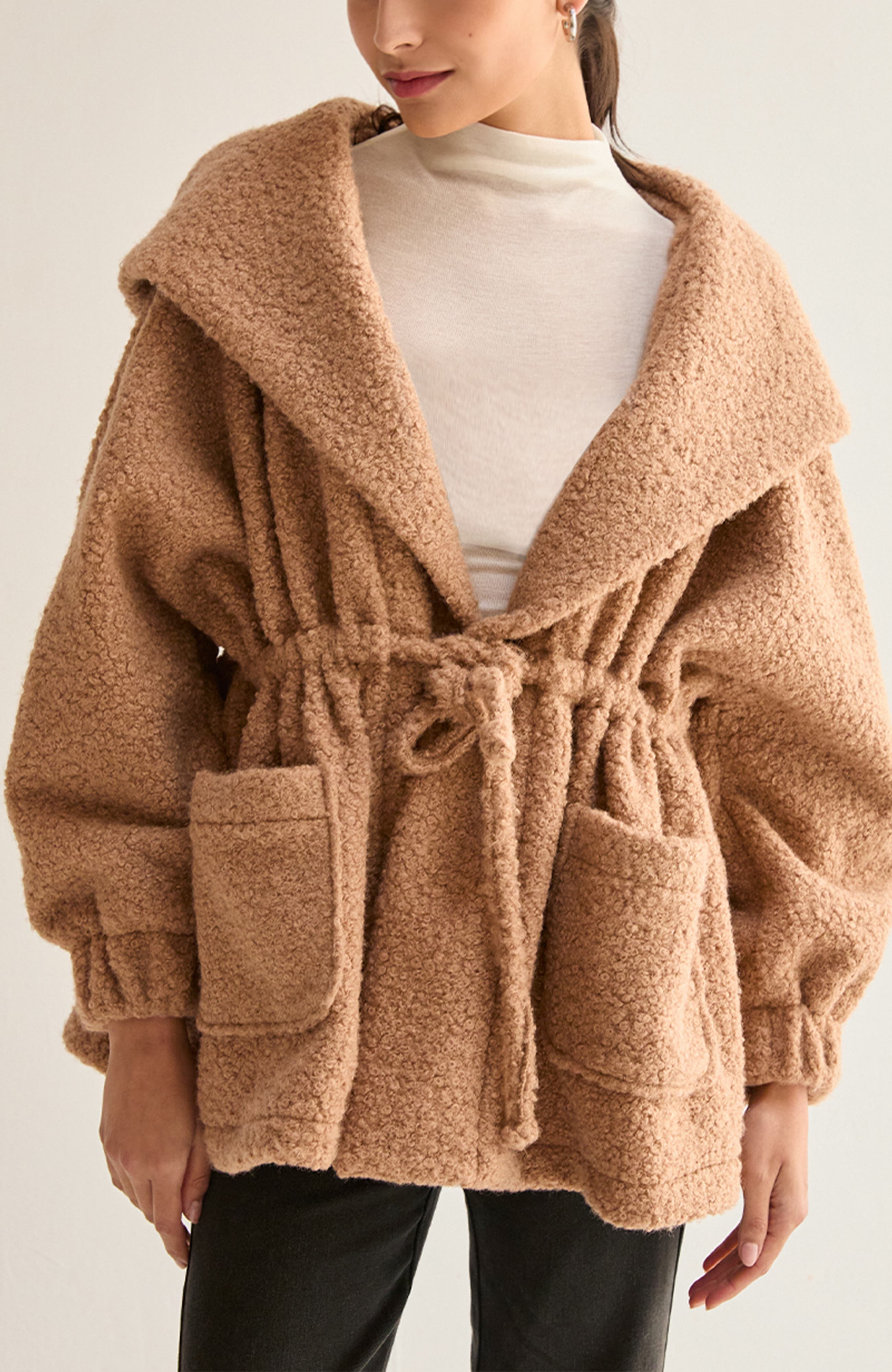 Cinched Waist Hooded Boucle Jacket
