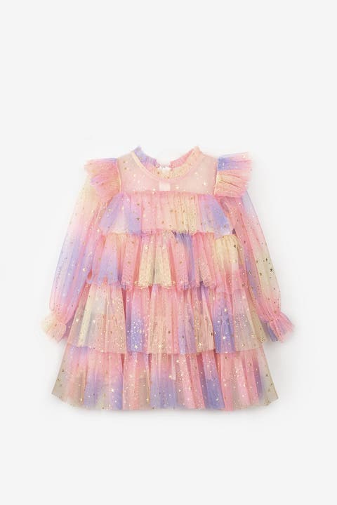 Chloe Girls’ Star Print Tiered Dress & Silver Star Crown Set