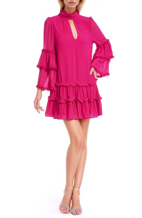 Tiered Ruffle Long Sleeve Keyhole Cutout Trapeze Dress