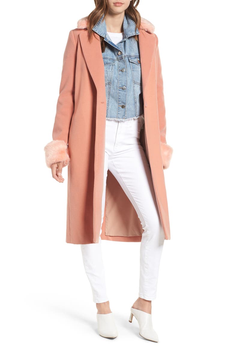 Perry Faux Fur Trim Coat, Main, color, DUSTY CORAL