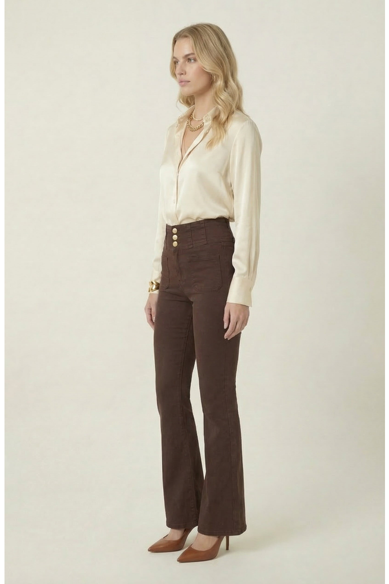 High Waist Flare Pants with Button Front, Alternate, color, Chocolate Brown