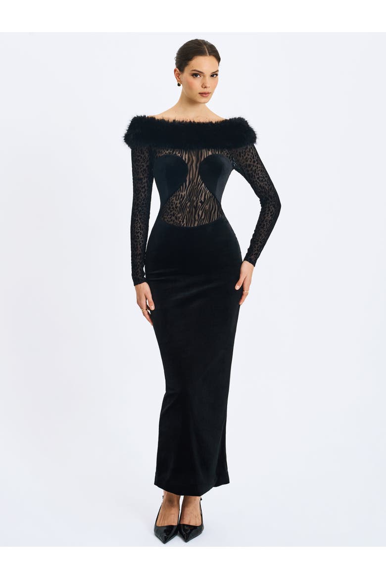 Alexis Faux Fur Boatneck Maxi Dress, Alternate, color, Black