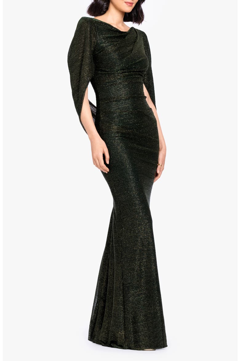 Drape Back Stretch Metallic Sheath Gown, Main, color, GREEN/ GOLD