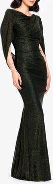Betsy & Adam Drape Back Stretch Metallic Sheath Gown