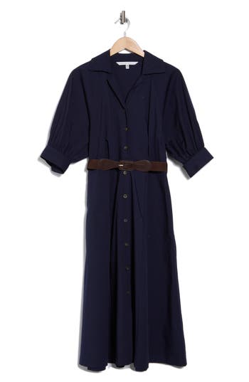 Sandra Darren Petite Belted Button-down 3/4-sleeve Shirtdress In Navy