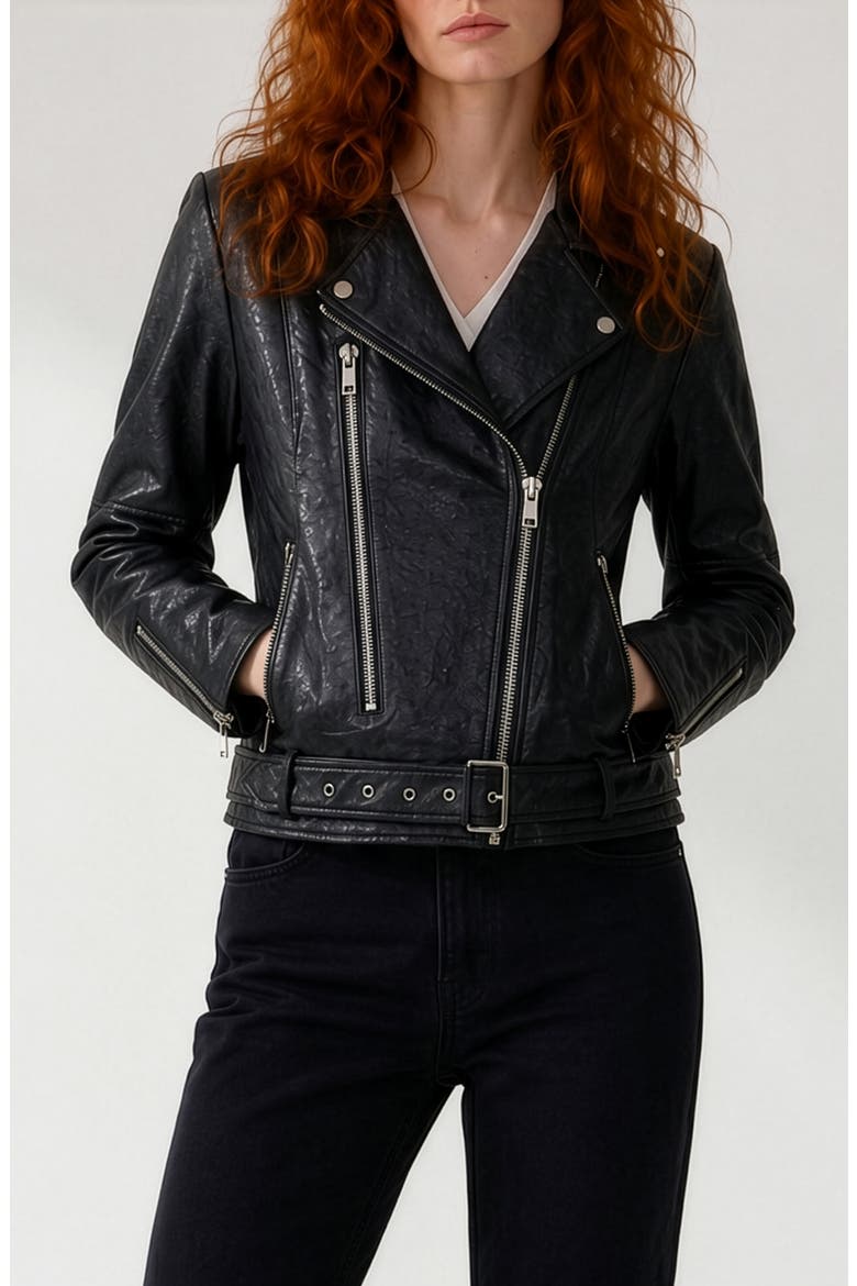 Fianna Ostrich Embossed Faux Leather Biker Jacket, Main, color, BLACK