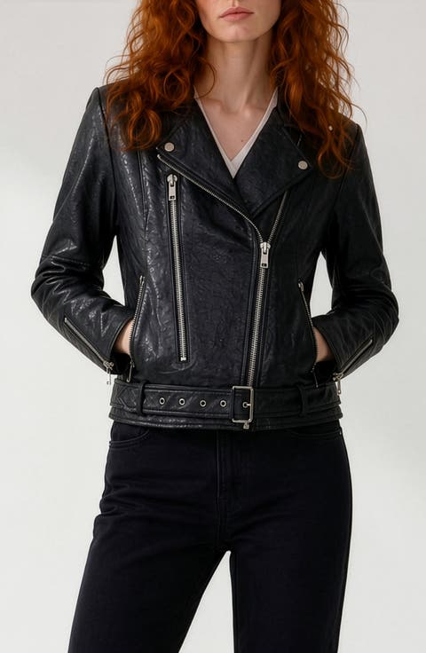 Fianna Ostrich Embossed Faux Leather Biker Jacket